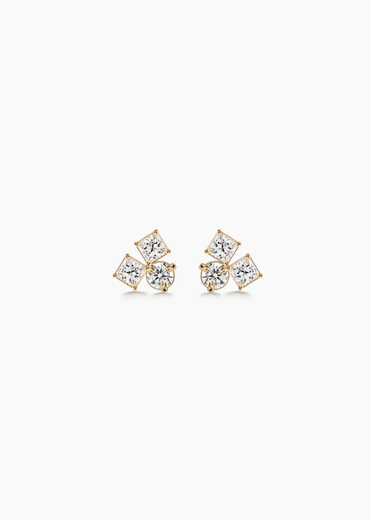 Hiamond 18k Yellow gold Princess & Round Diamond Earrings